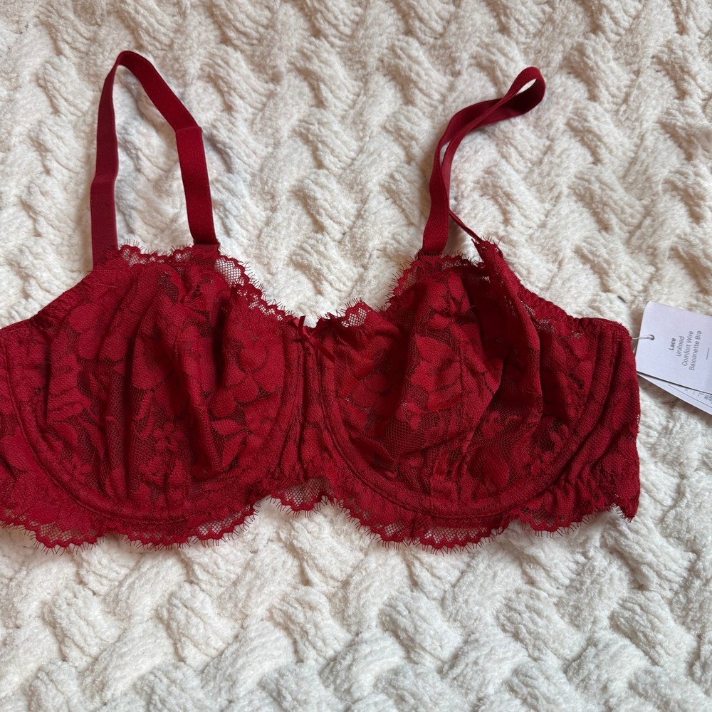 Auden Lace Unlined Wire Comfort Balconette Bra Dark Red Sheer 36C NWT